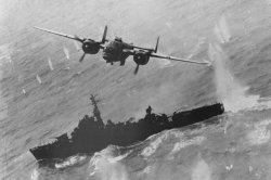 ww1ww2photosfilms:   US B-25J of 499th ‘Bats Outta Hell’ Bomb Squadron of 345th &lsquo;Air Apaches’  Bomb Group attacking Japanese Type-C Escort Vessel No. 1, in Taiwan  Strait south of Amoy, China, 6 April 1945.  