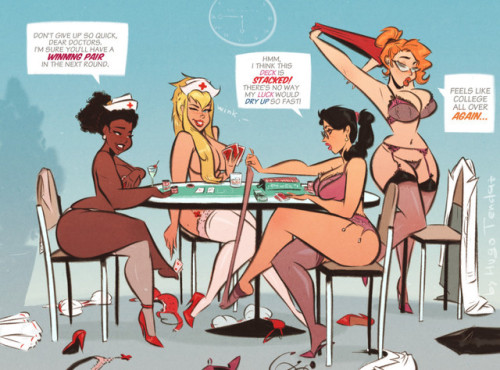   Strip Poker - Cartoon PinUp Sketch CommissionCommission for anonymous of his OC Annushka playing a great game of strip poker with her friends. From left to right: Lulana, Annushka, Izabel and @redraider91′s Lindsay Gardner.If you are interested in