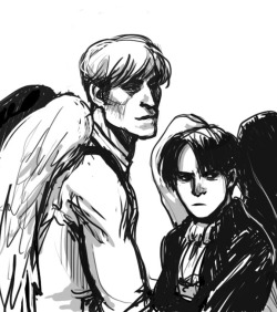 januariat:  based on the au where joining the survey corps literally gives you wings i was gonna put nile in there but then levi appeared and it got awkward nile can have his own picture with his unicorn 