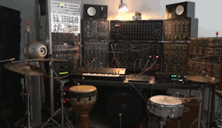 prostheticknowledge:  Robotic Drum Set and Analog Bass An automated performance of a drum and bass track put together by KinetiX using robotic drumming and analogue synths both old and new - video embedded below:   This is drum &amp; bass piece performed