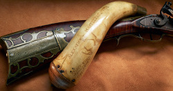 minutemanworld:  Alexander Hamilton’s powder horn and rifle. Hamilton’s powder horn is unique in that instead of it depicting current events or scenes he uses it as a motivational tool to show his hopes and aspirations. The unicorn stands for Hamilton’s