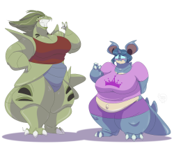 feathers-ruffled:  Tyranitina (Left) &amp; Queenie (Right)  Making Pokegirls is way too much fun.  I like the idea