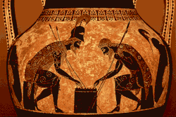 hellas-inhabitants:  Achilles (left) and Ajax, playing a dice game, waiting for departure for Troy. Work of Exekias, detail from an Athenian black-figure amphora from Vulci of Italy, around 540-530 BC- Vatican Museum, Rome.  Ο Αχιλλέας (αριστερά)