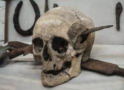 anarchistlovesongs:  domme-chronicles:  strangeremains:  Skull, found in France, with a knife still embedded it it.  The skull belonged to a Roman solider who died during the Gallic Wars, ca. 52BC. It was on display at the Museo Rocsen in Argentina.