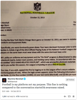 foxsports:  Brandon Marshall receives บ,500 uniform violation fine for his green cleats worn in promotion of Mental Health Awareness Week, tweets out fine letter. (via @BMarshall ) 