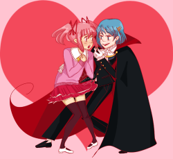 yatsuhashicookie:my half of a very vampire valentine’s day art trade with loubird7!!! ofc i decided have sayaka trying to woo madoka with her extremely dorky tendencies by dressing up as a vampire, but i think madoka doesn’t mind hehehope you guys