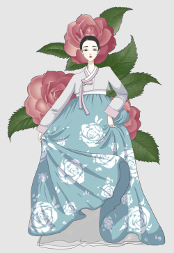 eatsleepdraw:  Hanbok &amp; Camellias, by Esther Doan I find hanboks and the stern expression of the ladies wearing them to be incredibly pretty
