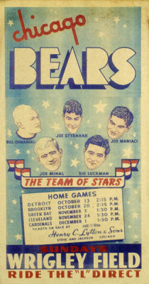 georgeglazergallery:  This vintage poster advertises the 1940 Chicago Bears home games at Wrigley Field with the slogan, “The Team of Stars” and portraits of five players. Two of them wound up in the Pro Football Hall of Fame. Fun fact: The 1940 bears