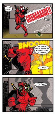 This was commissioned by someone on deviantART called B1izzardHawkFA, and he wanted me to make a comic about Deadpool taking a grenade to the face.
