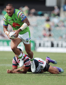 crazy-about-footy:  Joseph Leilua of the Canberra Raiders during the Round 2 match against the Sydney Roosters at GIO Stadium in Canberra, Australia on 12 March, 2016.