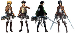 The full sets of standard and DLC costumes for Armin, Eren, Levi &amp; Mikasa in the KOEI TECMO Shingeki no Kyojin Playstation 4/Playstation 3/Playstation VITA game, including the “Lunar New Year,” “Festival,” “Halloween,” and “Christmas”