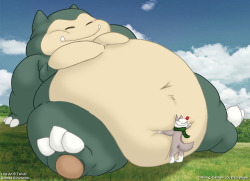 Tanuki drew this pic for me on my birthday of Lou snuggling against a very large and abundantly-fed Snorlax, and with his permission, I can now show off the colored and shaded version. The original line art for this image can be viewed by clicking THIS