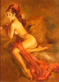 artbeautypaintings:  Nude with red drape - Leo Jansen