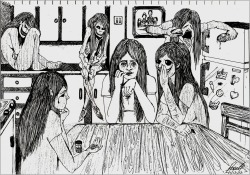 disarms:  dark-whhispers:  owsely:  ashleyraelogan:  fucked-up-sketches:  The Little Voices depression sitting at the left corner. ana sitting beside depression. binging-mia at the fridge. anxiety crying at left (down) corner. self-harm/cutting whispering