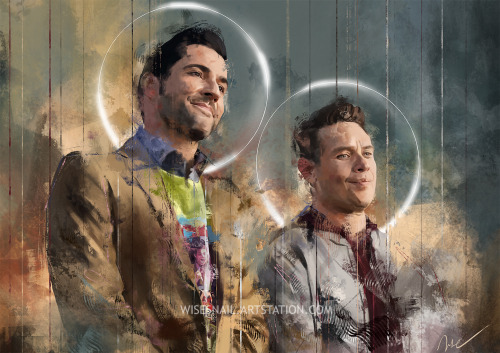 wisesnail:    This scene makes me giggle without fail &lt;;  Portrait of Tom Ellis and Kevin Alejandro as Lucifer Morningstar and Dan Espinoza - I hope you like it! &lt;:  Prints and other stuff on my RedBubble and Society6 (I’m Wisesnail on both