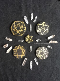 the-darkest-of-lights:  New crystal grids for sell online   https://www.etsy.com/shop/TheDarkestOfLights   This hand made crystal grid is hand cut from wood and hand painted with metallic gold paint. One side has the seed of life and the other side has