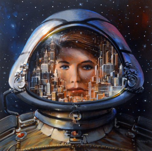 70sscifiart:  Today’s Space Helmet Reflection Saturday comes from the great John Berkey — an interior illustration for the November 1998 issue of ’Science Fiction Age.’ I wonder if she’s contemplating this city’s odd zoning laws.