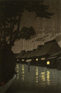 Rainy Night at Maekawa   - by Kawase Hasui