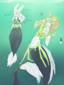 nebulousnoiz:  Merfolk!Noiz and their loyal servant Midori ^o^~ Noiz’ parents are sea royalty in an ocean far away from Aoba’s. Long ago, a sorceress cursed them to have their first offspring lack feeling - a sentence that almost definitely promises