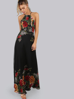 thechic-fashionista: Black Flower Print Halter Neck Open Back Maxi Dress» 