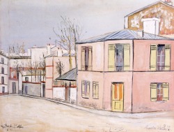 dappledwithshadow:  Rue de l'Abreuvoir in MontmartreMaurice Utrillo - Date unknown Private collection	Painting - gouache Height: 47.9 cm (18.86 in.), Width: 62.9 cm (24.76 in.) 