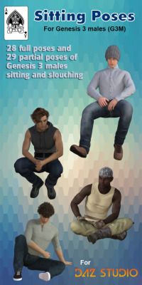 A  collection of full and partial poses of males sitting and slouching on  chairs, steps, the ground, and even perching on a fence or sitting on  the lavatory! Compatible with Genesis 3 Males and Daz Studio 4.9 ! Check that link for more! Sitting Poses