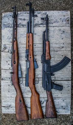 thatonegunblog:  opafginger:  weaponslover:    The Russian Classics&quot; - Mosin Nagant, SKS, AK-47    thatonegunblog again. Stolen.   I’ve seen this picture posted so many places it’s not even funny. Even by actual brand name gun and parts manufactures