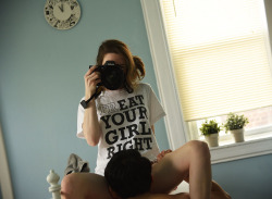 cutebutt-slut:  I said ‘just pose for me like this’ but then I felt his tongue on my thigh and his grip got tighter and before I knew it I was bracing myself against the table while he was tongue deep inside me and fingers caressing my clit.(t-shirt