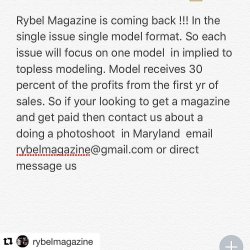 #Repost @rybelmagazine ・・・ Rybel Magazine is coming back !!! In the single issue single model format. So each issue will focus on one model  in implied to topless modeling. Model receives 30 percent of the profits from the first yr of sales. So