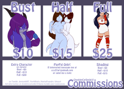 **Updated prices plus shading now included!**Shading prices are retroactive. If you purchased before February 9, you may add shading to a previous commission for the shading cost. All base prices include one character with flat colorBackgrounds start