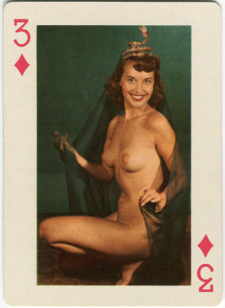Venus The Body (aka. Jean Smyle) poses as the &ldquo;3 of Diamonds&rdquo; for a 50&rsquo;s-era novelty playing card deck..