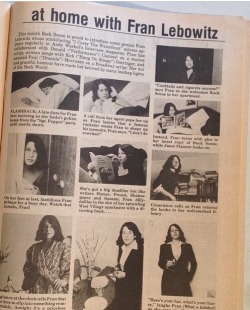 sontagbloodysontag:  at home with Fran Lebowitz. Rock Scene Magazine, May 1975. Photos: Peter Hujar. 