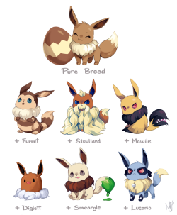 cakesmashing:  loved too-much-green‘s pokemon variations with different parents, so here’s some silly eevees! 