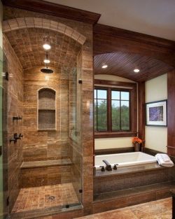 sweetestesthome:  Bathroom brown tile shower roman tub 