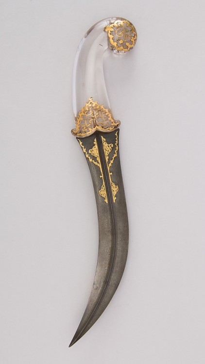 art-of-swords:  Jambiya Dagger  Dated: 18th–19th century Culture: Persian Medium: steel, crystal, gold Measurements: H. 13 3/16 in. (33.5 cm); H. of blade 8 3/4 in. (22.2 cm); W. 2 1/2 in. (6.4 cm); Wt. 11.6 oz. (328.9 g)  Source: Copyright