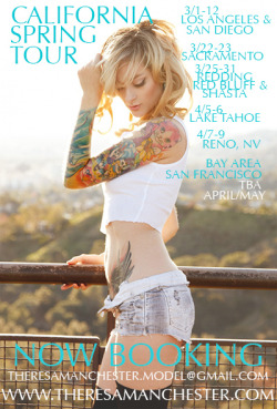SPRING TOUR DATES - California tour!!!  Southern Cali, Northern Cali, Central Cali, the forest, and freakin Tahoe!!! If you&rsquo;re ANYWHERE in California, hit me up!!! PLEASE REBLOG if you support traveling models xo