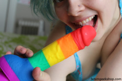bdsmgeekshop: Introducing for a limited time only: Silicone Colours Dildo Pride Rainbow Special Edition! Doesn’t @miniature-minx look so handsome with it? (Rainbow socks are on sale now as well!) Get yours before they’re gone! 