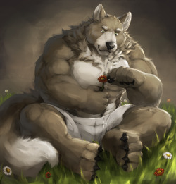 ralphthefeline:A silly wolf is picking petals off of a flower wondering if someone loves him or not~ looking at the number of petals on the flower, he is in for a bad news -3-