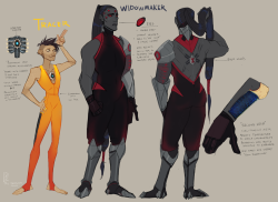 deadwooddross:  Tada! Redesigns stuff! Btw..Tracer still wears her harness and coat! Just didn’t add them on here, for clarity  Not sure how readable it’ll all be, SO, BASICALLY there’s a second “skin” under Widowmakers regular people flesh.