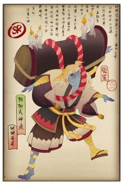 tanuki-kimono:   [Part. 4/6] Onmyoji  (阴阳师)  mythical   characters, drawn ukiyo-e style by 鬼笙 (find other parts here)    Shikigami are supernatural beings in Japanese folklore. Shown here are characters:  Kyonshii, called Jianshi in Chinese,