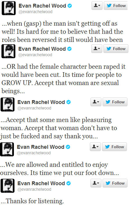 fygirlcrush:  The incredibly talented and super smart Evan Rachel Wood called out the MPAA on their misogynistic, sexist crap after seeing the new cut of her movie and she ain’t wrong.  