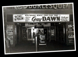 Vintage 50&rsquo;s-era candid photo featuring the front of the ‘RIVOLI Theatre’; located in Seattle, Washington.. Gay Dawn appears on the marquee as the week&rsquo;s Featured Attraction..