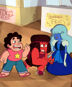 [Ruby: WHAT DO YOU MEAN ‘TOO SHORT TO RIDE’?!Sapphire: Ruby, The pier.Steven: U-uh, sorry Mr. Smiley! We’ll just go on another ride right, Ruby, Sapphire?Ruby: DO YOU KNOW HOW OLD WE ARE, I SHOOK HANDS WITH THE QUEEN OF ENGLAND! THE FIRST ONE!!]*Slides