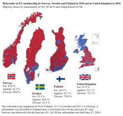 mapsontheweb:  Areal break-up of the 1994 Norwegian, Swedish and Finnish referendum on EU and the 2016 UK referendum. 