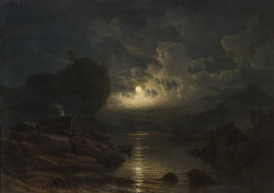 blackpaint20:  Coastal Landscape with crowds of Moonlight, 1852 by  Knud Andreassen Baade. Norwegian (1808 - 1879)     