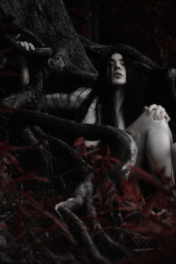vincerenoel: “Emergence”  © Vincere Noel __________________________ [ID] Almost devoid of pigmentation, the figure emerges from beneath the gnarled branches of an uprooted tree. The surrounding red leaves are its first understanding of life. Model