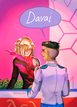 bambz-art:Otayuri - DavaiSo Otabek’s skating before Yurio, right? Can I get a return davai from him to Yurio this time? Please? Also, look at their costumes! Opposite colors :) 