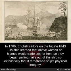 mindblowingfactz:  In 1766, English sailors on the frigate HMS Dolphin learned that native women on islands would trade sex for iron, so they began pulling nails out of the ship so extensively that it threatened ship’s physical integrity.