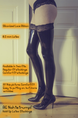 ag-nahtstrumpf:  AG Nahtstrumpf’s bespoke hold-up latex stockings [0.2 mm]. This stay-ups are available in two fits also: regular fit and comfort fit. At this pic - comfort fit stockings: slightly wider cut. More wrinkles at ankles and feet but high
