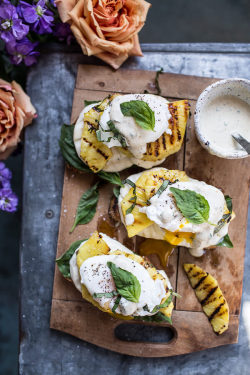 thecorporatewhore:  do-not-touch-my-food:  Grilled Pineapple Caprese Eggs Benedict with Coconut-Almond Hollandaise    I’m famished.